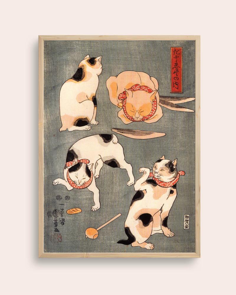 Neko Træsnit Plakat – Japanske Katte i Ukiyo-e Stil