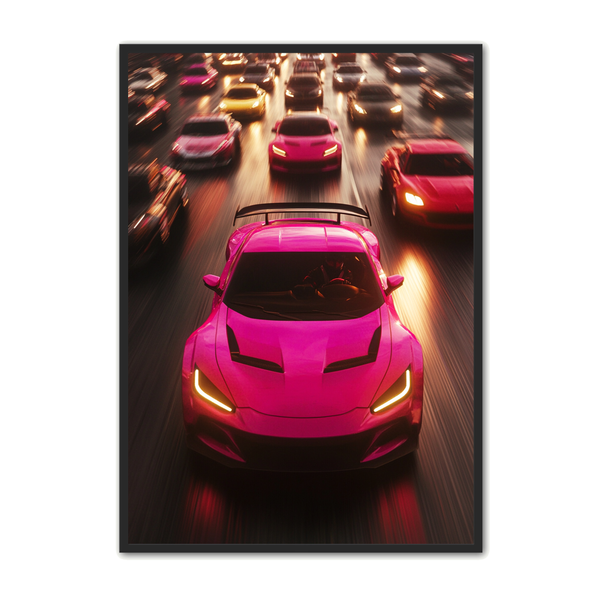 Pink Bil Plakat Kører Trafikkens Pulserende Lys - Plakat Portalen Plakater