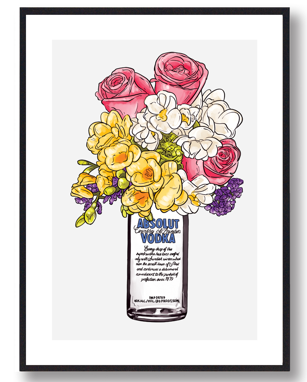 Blomster Vodkaflaske Plakat Grå Størrelse: 30x40cm - Plakatdyr Plakater