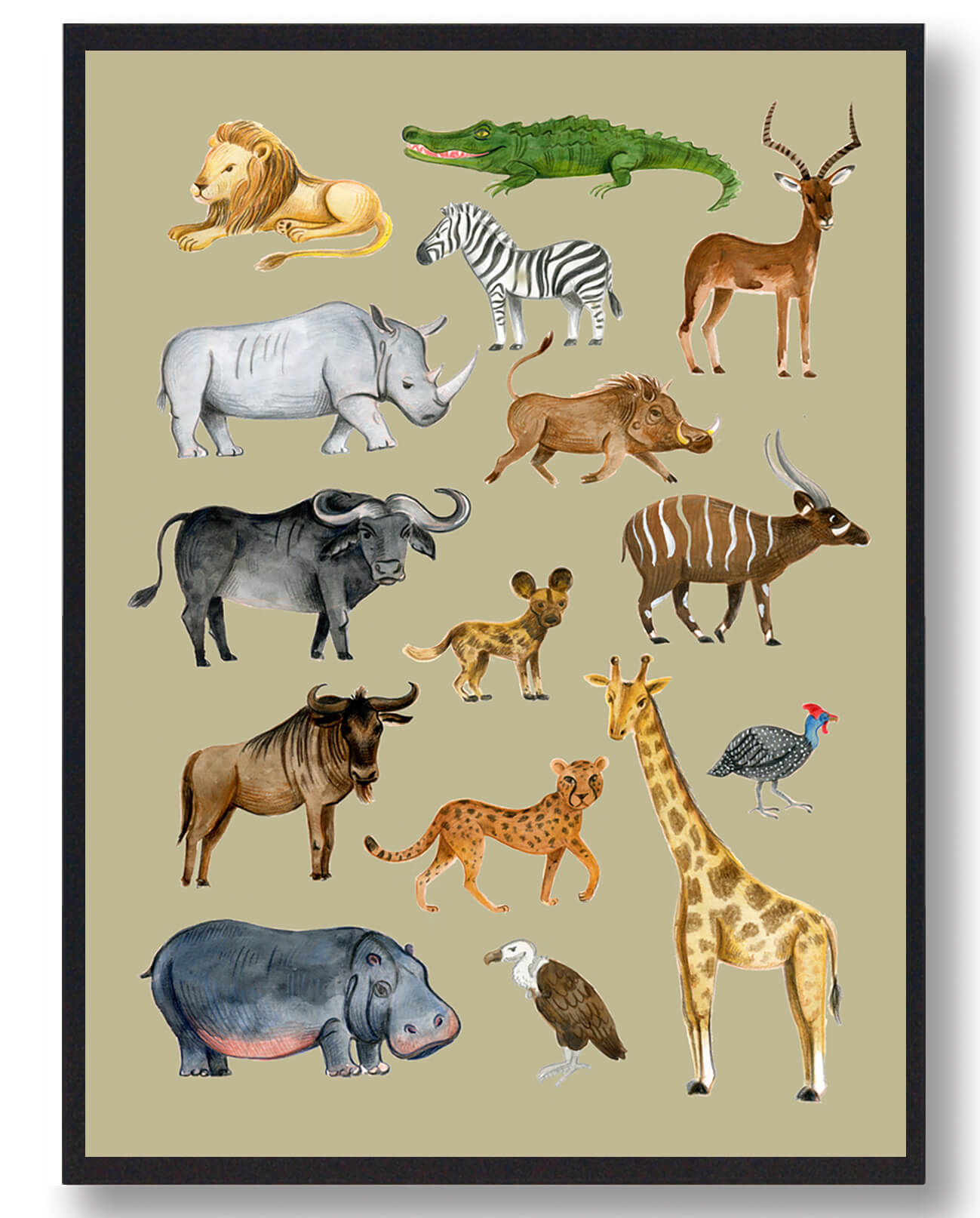 Afrikas Dyr Håndtegnet Plakat Gul Størrelse: 21x29 7cm - Plakatdyr Plakater