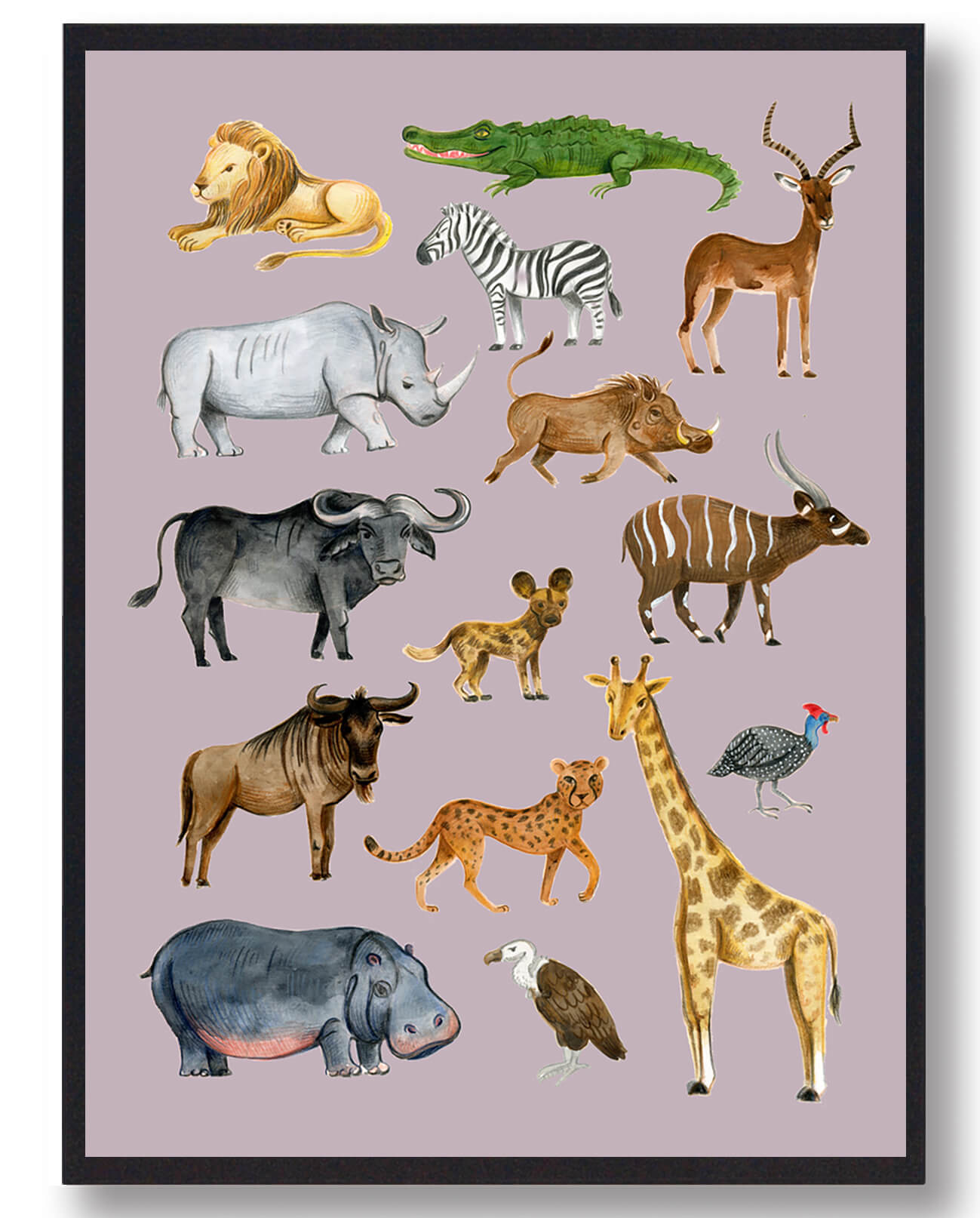 Afrikas Dyr Håndtegnet Plakat Lyserød Størrelse: 21x29 7cm - Plakatdyr Plakater
