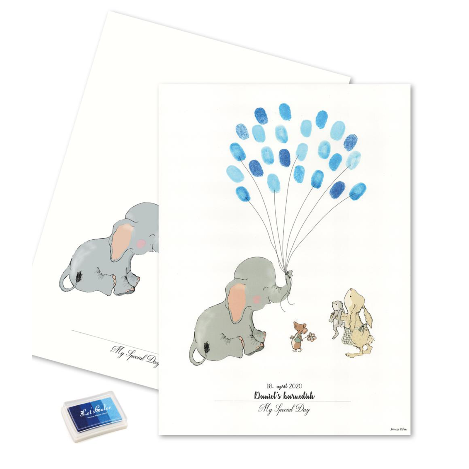 Fingeraftryks Plakat Elefant Med Blå Balloner - Mouse & Pen Plakater