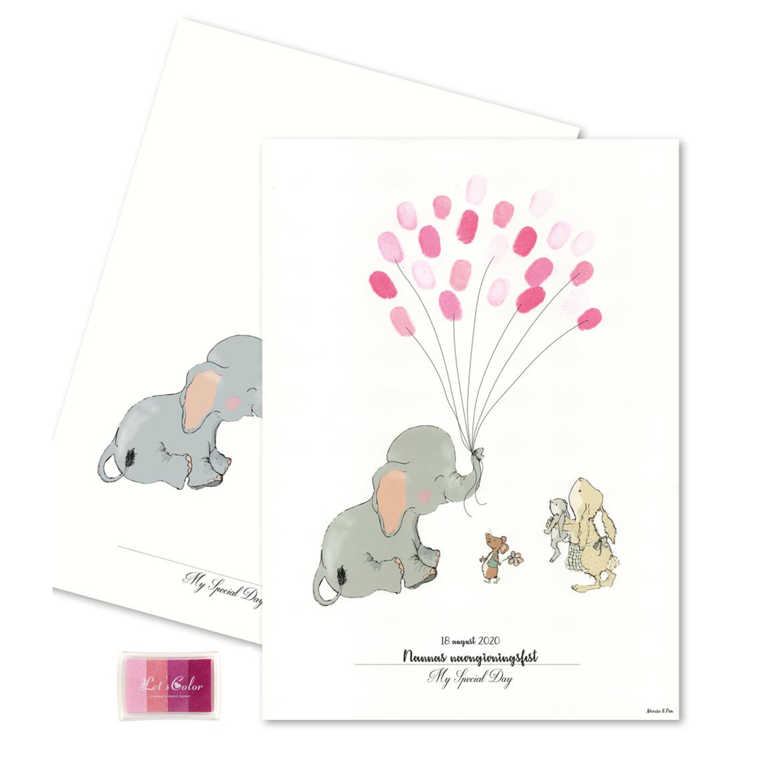 Fingeraftryks Plakat Elefant Med Lyserøde Balloner - Mouse & Pen Plakater