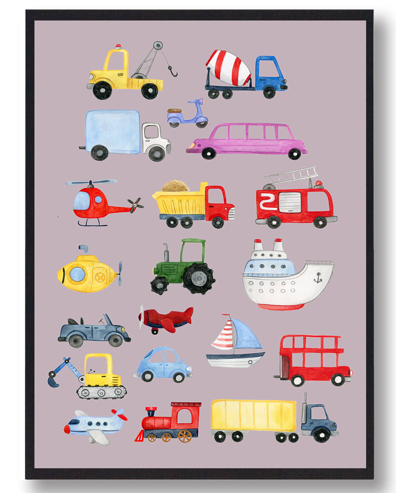 Bil Traktor Fly Både Håndtegnet Plakat Lyserød Størrelse: 30x40cm - Plakatdyr Plakater