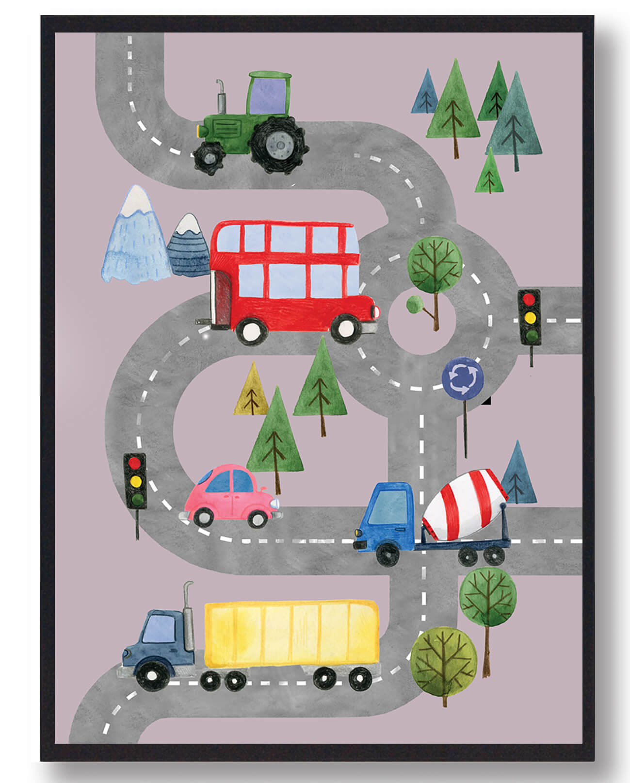 Biler Vejen Håndtegnet Plakat Lyserød Størrelse: 30x40cm - Plakatdyr Plakater