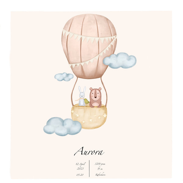 Lille Plakat Navneplakat Luftballon Beige Med Navn Dato & Vægt - Lille Plakat Plakater