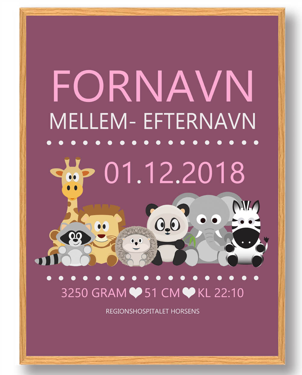 Fødselstavle Med Dyr Lilla Baggrund Plakat Størrelse: 30x40cm - Plakatdyr Plakater