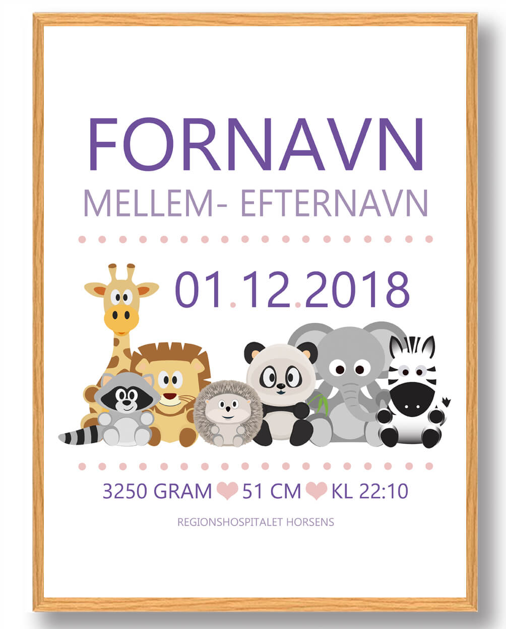 Fødselstavle Med Dyr Lilla Plakat Størrelse: 30x40cm - Plakatdyr Plakater