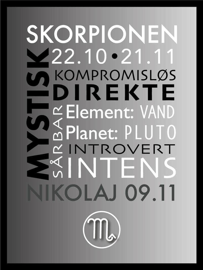 Skorpionen Stjernetegn Med Tekst Plakat - Egly Design Plakater