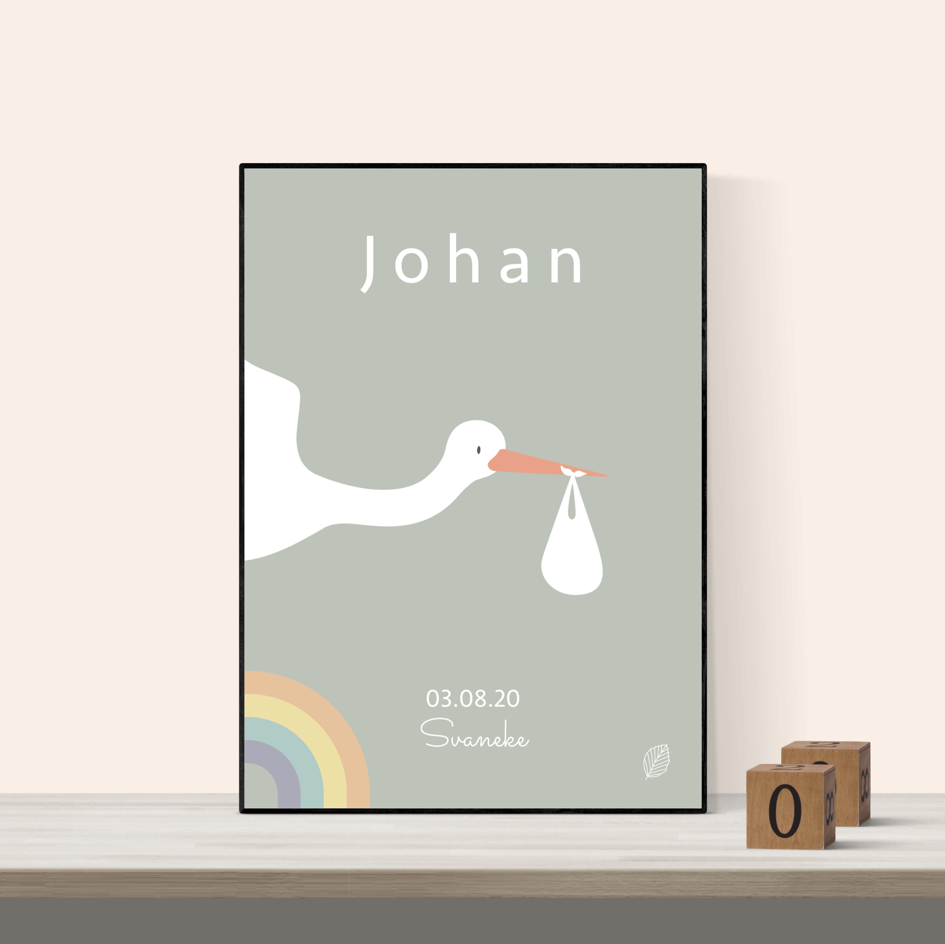 Navneplakat Personlig Plakat Navn Fødselsdag Stork 50x70 - Nordic Simply Plakater