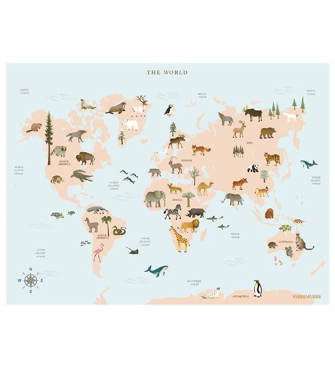 Blå/Brun Vissevasse Plakat 30x40 World Map Animal - Vissevasse Plakater  - 5713138100324